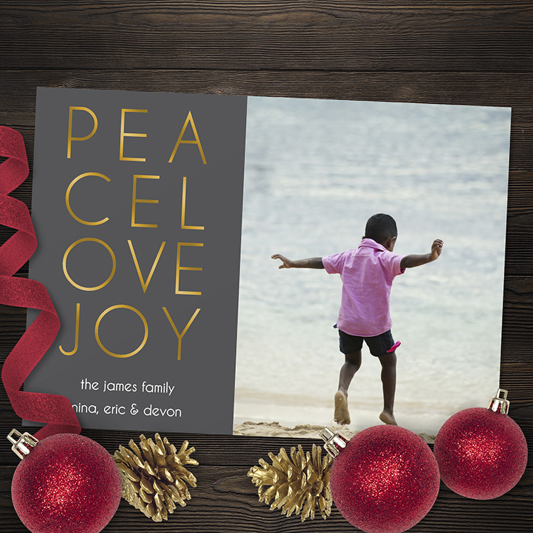 Peace Love Joy Gray Holiday Card (foil)